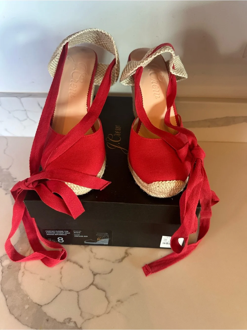 J Crew Canvas Red High Heel Espadrille Heels with Wrap Tie, Sz 8, retailed $158